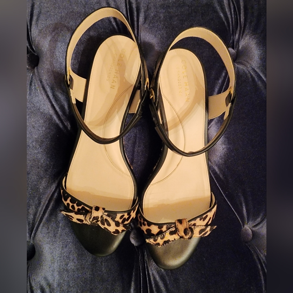 Cole Haan Pony Hair Leopard & Black Sandals sz 8 EUC